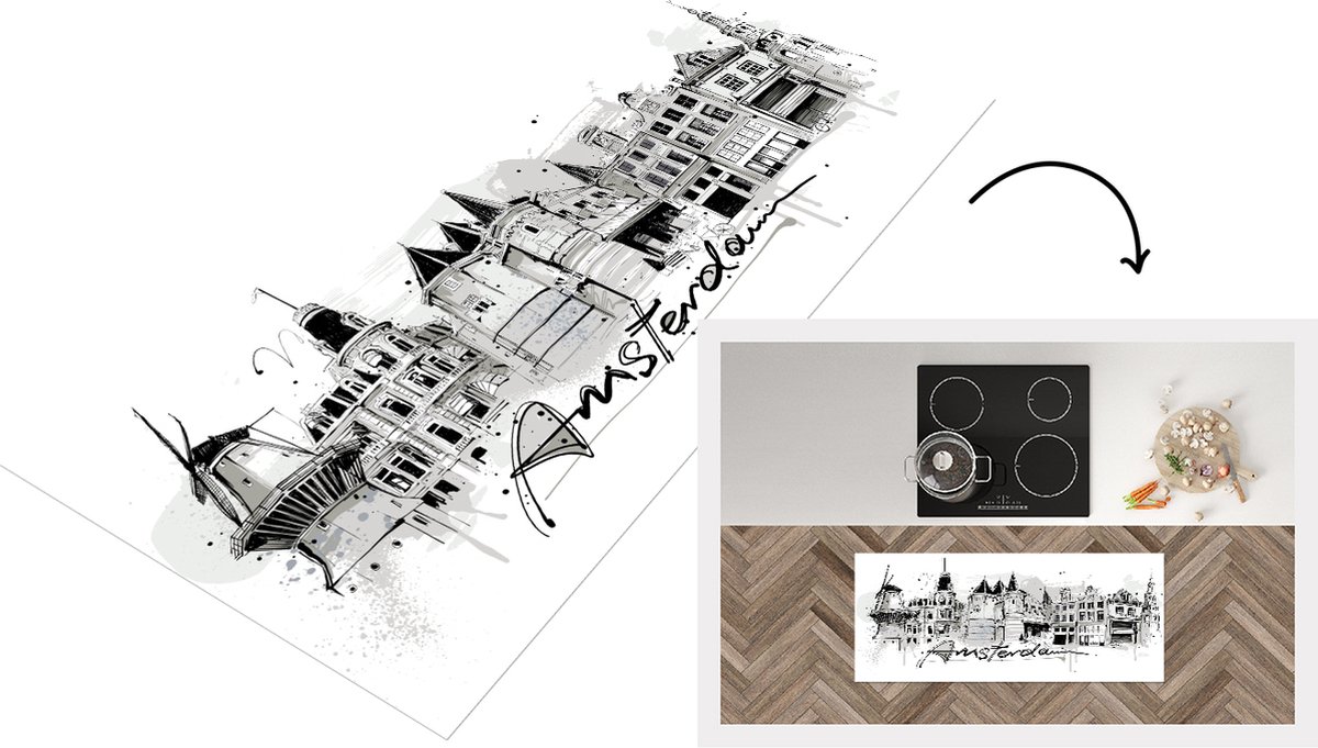 KitchenYeah Keukenloper - Loper keuken - Amsterdam - Zwart - Wit - 120x50 cm - Keukenloper vinyl Multicolor
