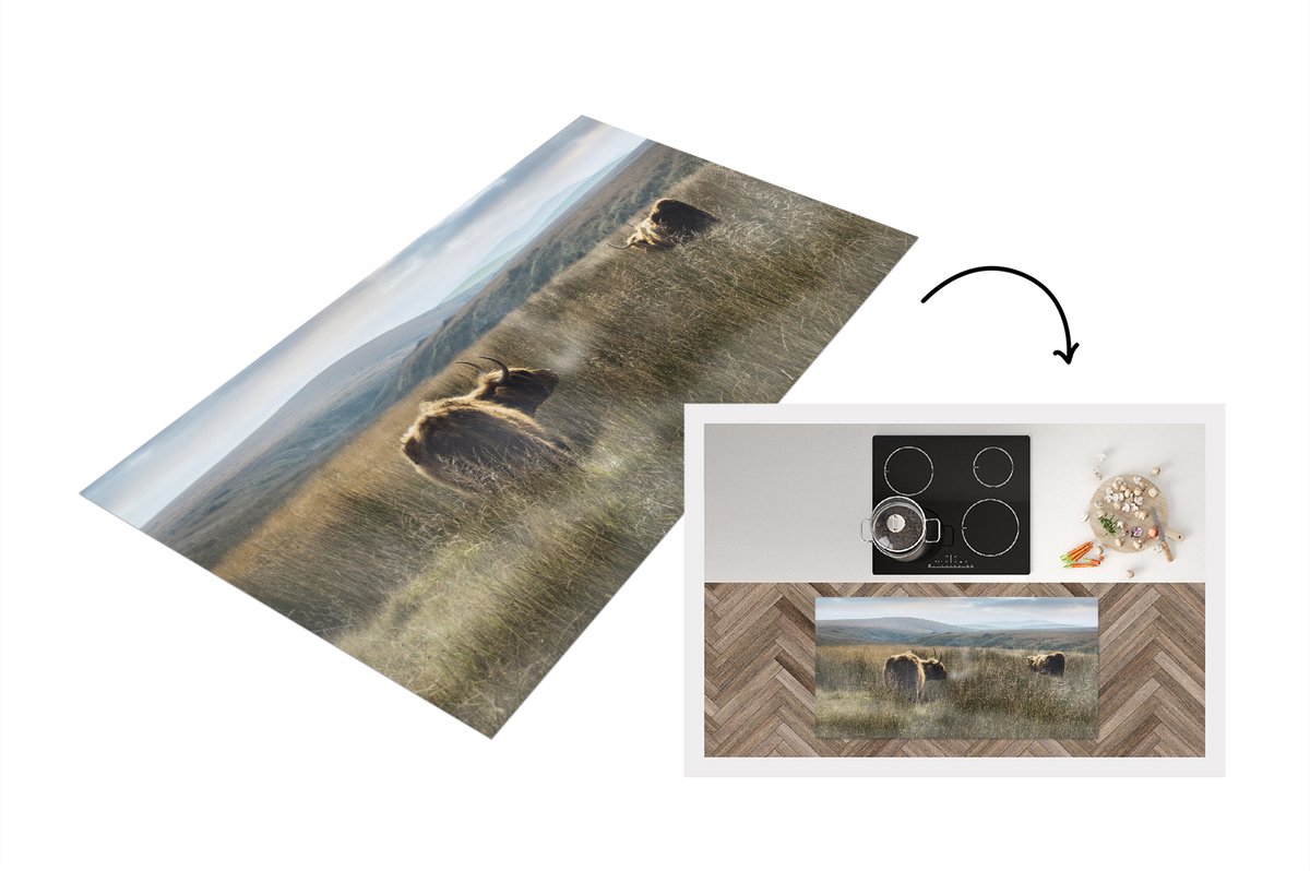 KitchenYeah Keukenloper - Loper keuken - Schotse Hooglanders - Mist - Gras - 120x60 cm - Keukenloper vinyl Multicolor