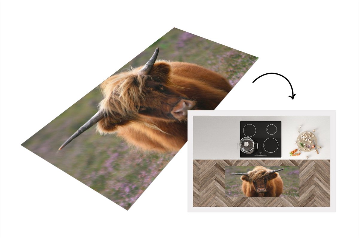 KitchenYeah Keukenloper - Loper keuken - Schotse Hooglander - Heide - Dieren - 120x50 cm - Keukenloper vinyl Multicolor