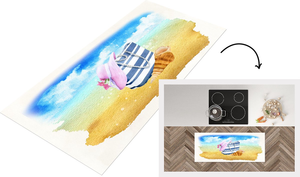 KitchenYeah Keukenloper - Loper keuken - Tas - Hoed - Schelp - Zand - Keukenloper vinyl Multicolor