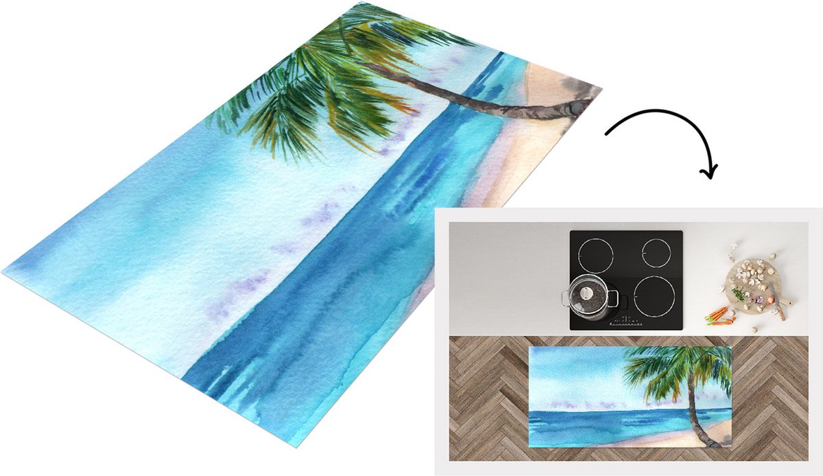 KitchenYeah Keukenloper - Loper keuken - Palmboom - Zee - Strand - 120x60 cm - Keukenloper vinyl Multicolor
