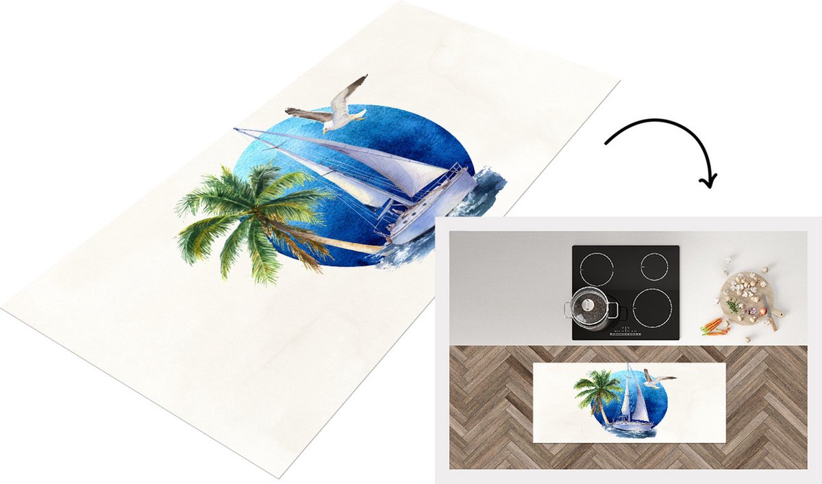 KitchenYeah Keukenloper - Loper keuken - Zeilboot - Vogel - Palmboom - Zee - 120x50 cm - Keukenloper vinyl Multicolor