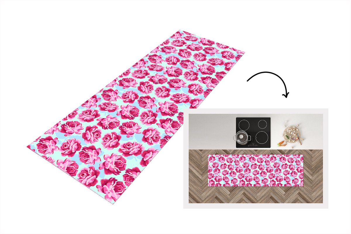 KitchenYeah Keukenloper - Loper keuken - Bloemen - Rozen - Patroon - 150x50 cm - Keukenloper vinyl Multicolor