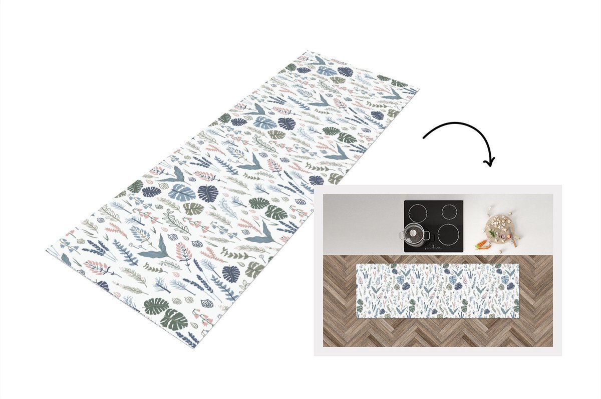 KitchenYeah Keukenloper - Loper keuken - Patronen - Bloemen - Planten - 150x50 cm - Keukenloper vinyl Multicolor