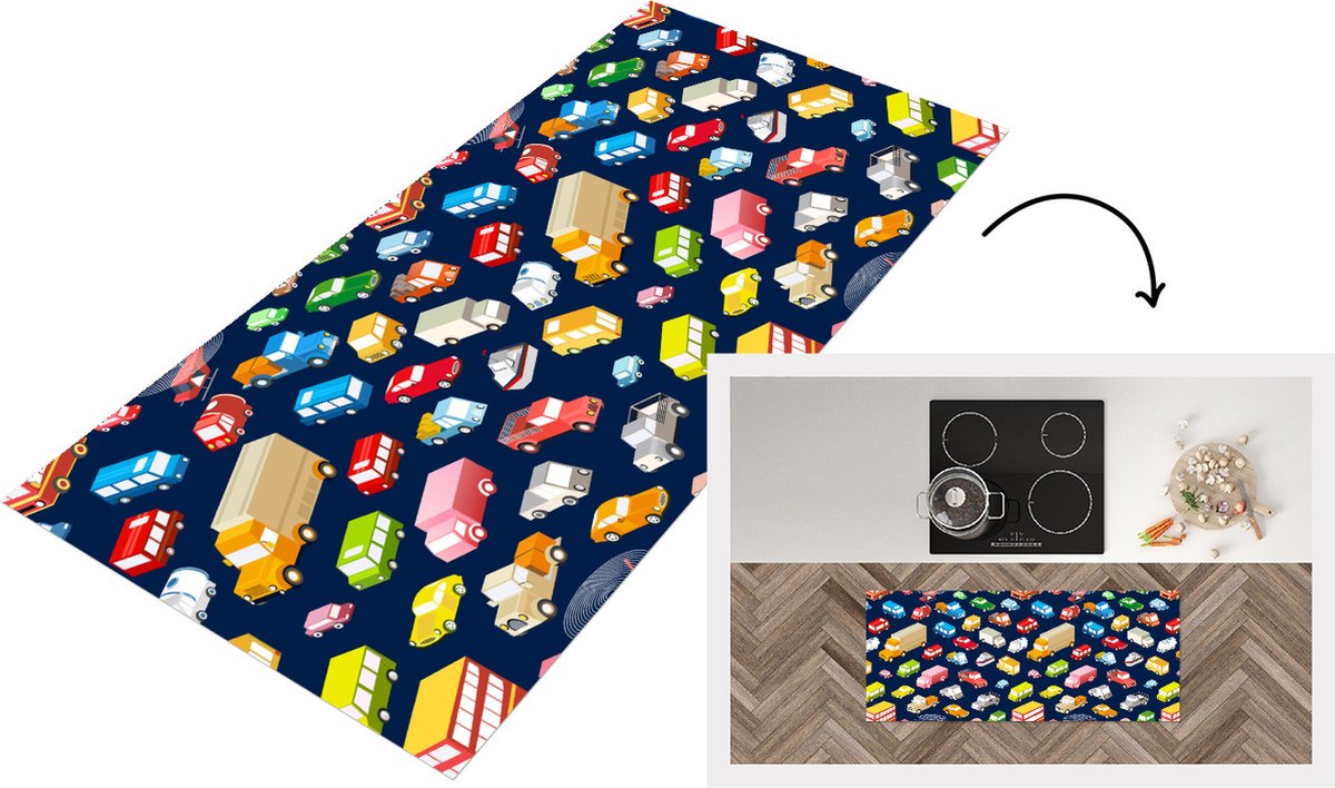 KitchenYeah Keukenloper - Loper keuken - Patroon - Auto - Verkeer - 120x50 cm - Keukenloper vinyl Multicolor