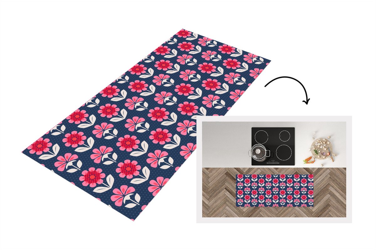 KitchenYeah Keukenloper - Loper keuken - Bloemen - Patroon - Rood - 120x50 cm - Keukenloper vinyl Multicolor