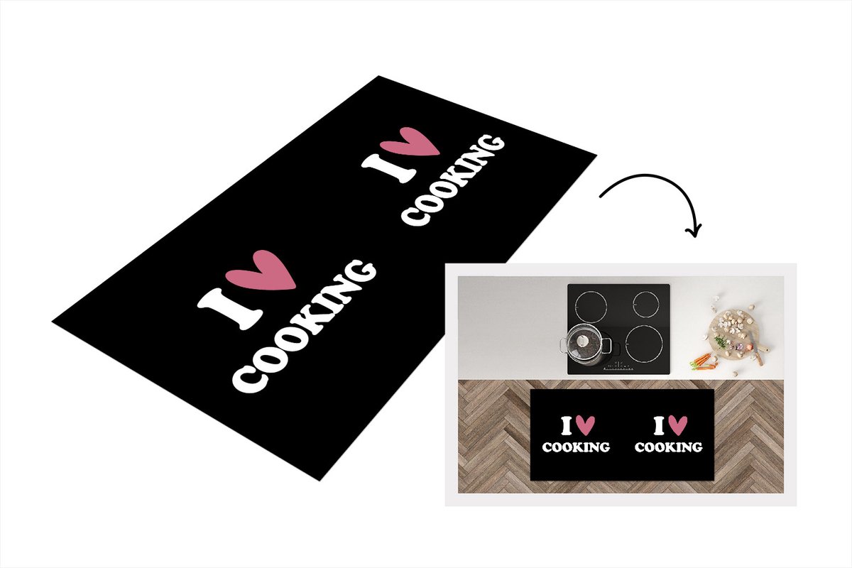KitchenYeah Keukenloper - Loper keuken - I love cooking - Quotes - Koken - Hartje - Roze - Spreuken - Keuken - 120x60 cm - Keukenloper vinyl Multicolor