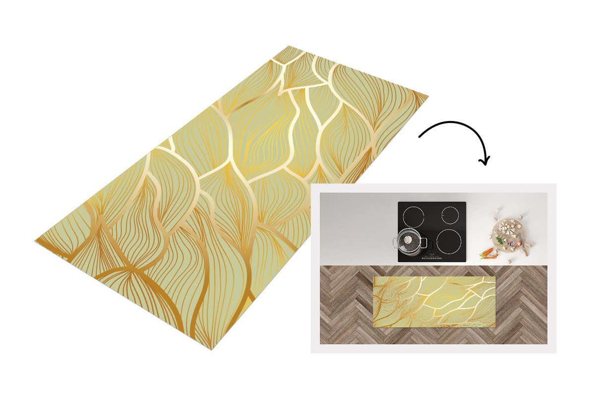 KitchenYeah Keukenloper - Loper keuken - Gouden golven op een groene achtergrond - 120x50 cm - Keukenloper vinyl Multicolor