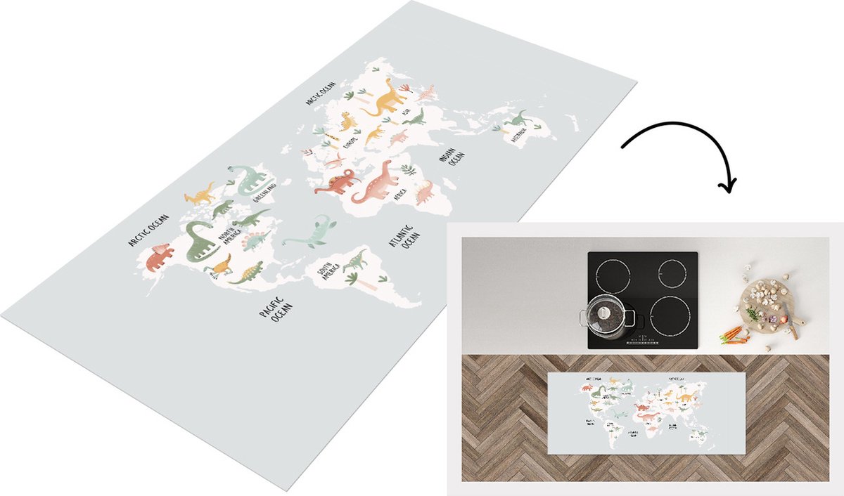 KitchenYeah Keukenloper - Loper keuken - Kaart - Dino - Grijs - 120x50 cm - Keukenloper vinyl Multicolor