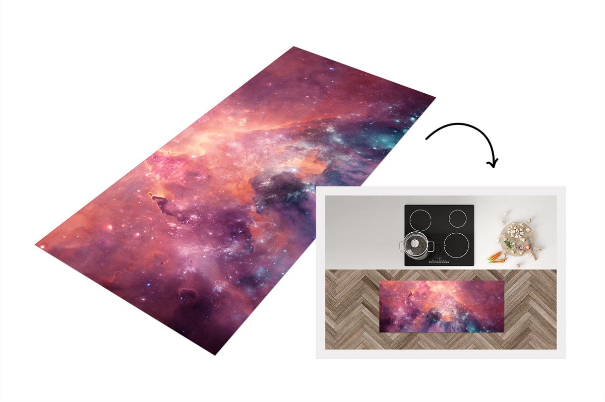 KitchenYeah Keukenloper - Loper keuken - Sterren - Oranje - Ruimte - 120x50 cm - Keukenloper vinyl Multicolor