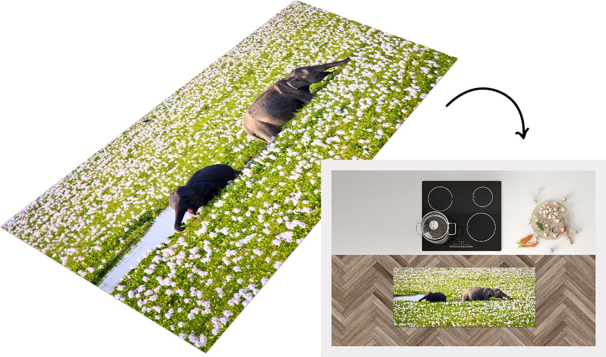 KitchenYeah Keukenloper - Loper keuken - Olifanten wandelend door het waterveld met planten - 120x50 cm - Keukenloper vinyl Multicolor