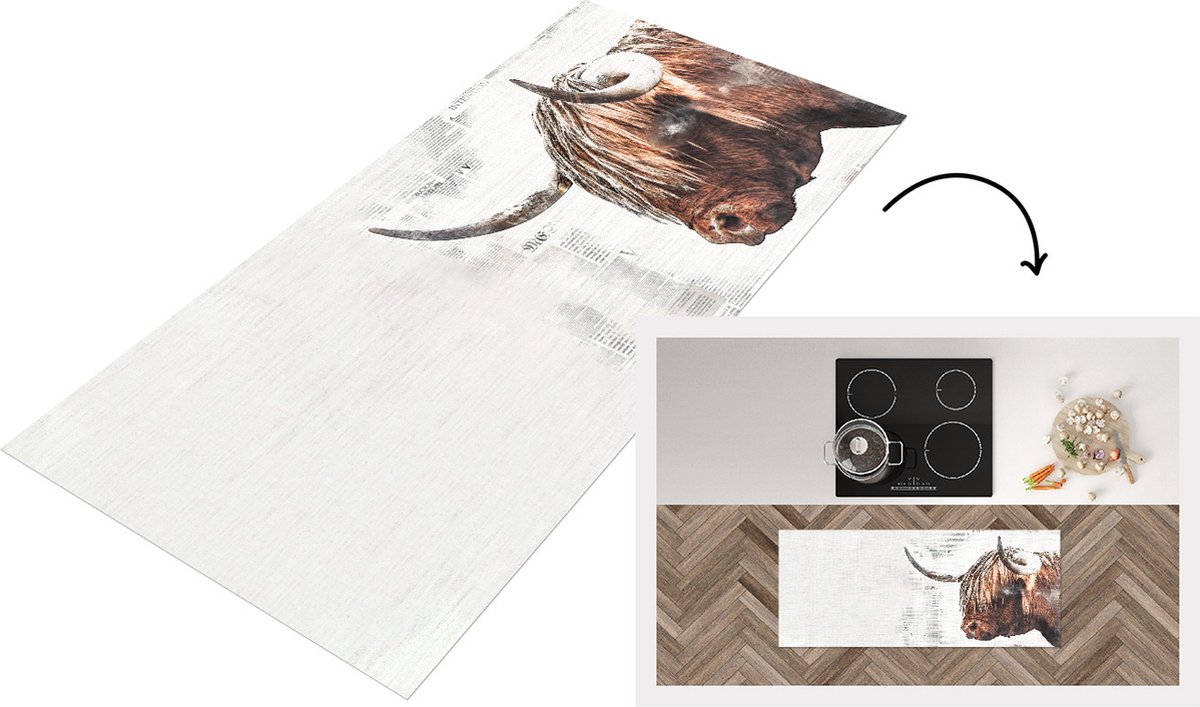 KitchenYeah Keukenloper - Loper keuken - Schotse hooglander - Koeien - Krantenpapier - 120x50 cm - Keukenloper vinyl Multicolor