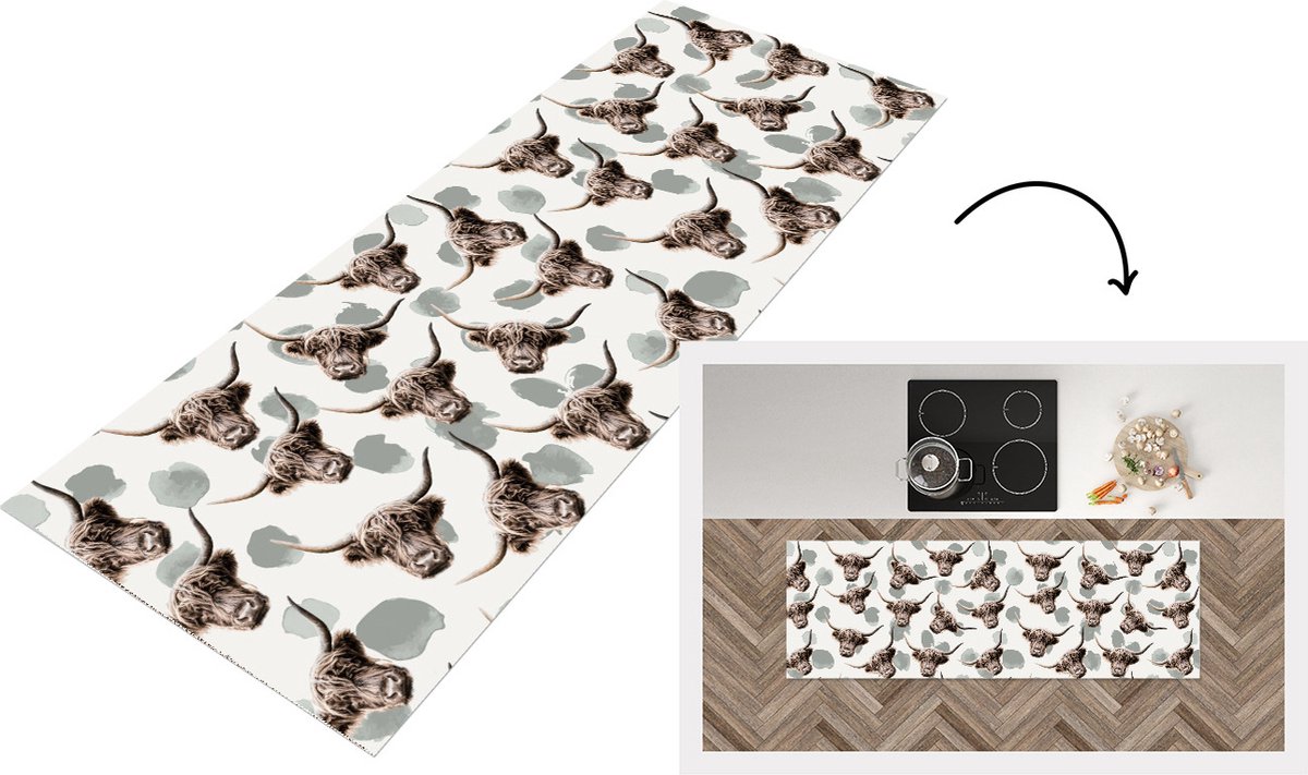 KitchenYeah Keukenloper - Loper keuken - Schotse hooglander - Dieren - Koe - 180x60 cm - Keukenloper vinyl Multicolor