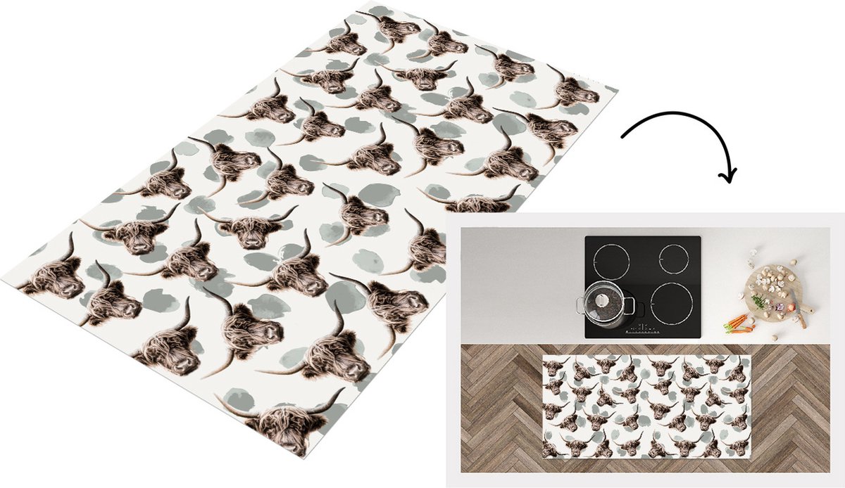 KitchenYeah Keukenloper - Loper keuken - Schotse hooglander - Koe - Dieren - 120x60 cm - Keukenloper vinyl Multicolor