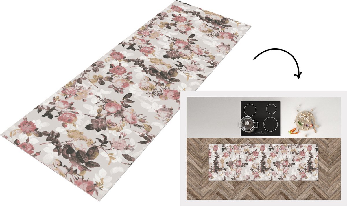 KitchenYeah Keukenloper - Loper keuken - Patroon - Bloem - Roze - 180x60 cm - Keukenloper vinyl Multicolor