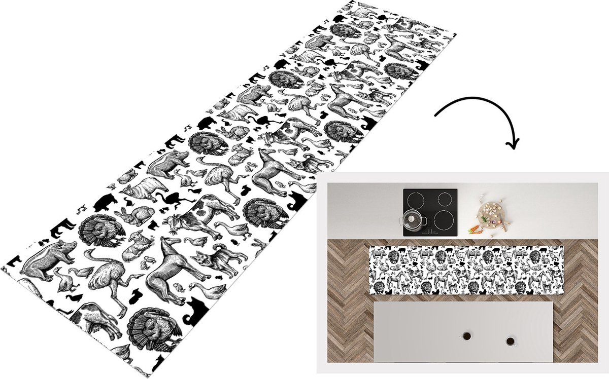 KitchenYeah Keukenloper - Loper keuken - Patroon - Dieren - Zwart Wit - 240x60 cm - Keukenloper vinyl Zwart; Wit