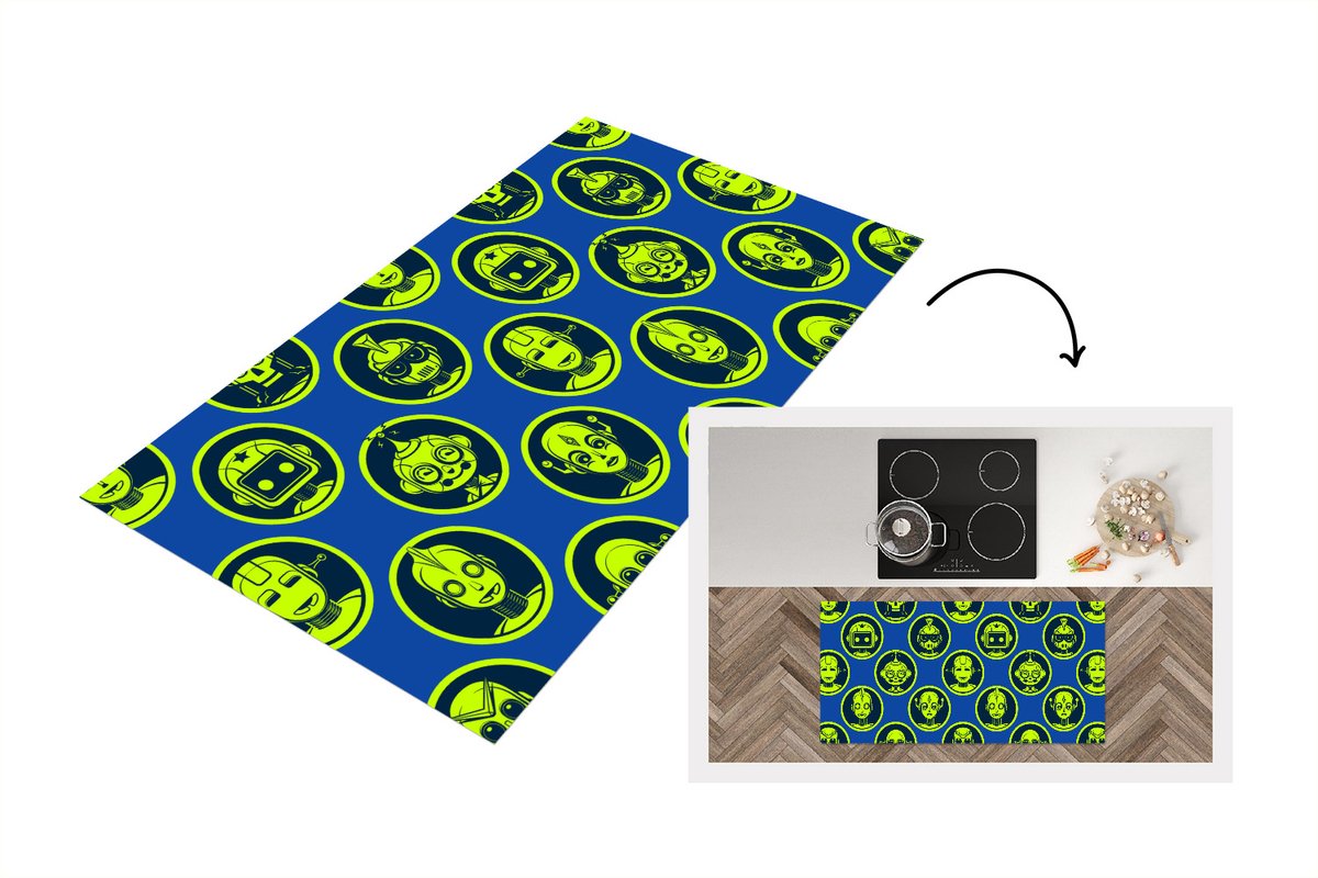 KitchenYeah Keukenloper - Loper keuken - Patronen - Robot - Geel - Blauw - 120x60 cm - Keukenloper vinyl Multicolor