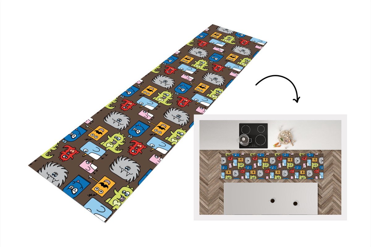 KitchenYeah Keukenloper - Loper keuken - Patronen - Monster - Dieren - 240x60 cm - Keukenloper vinyl Multicolor