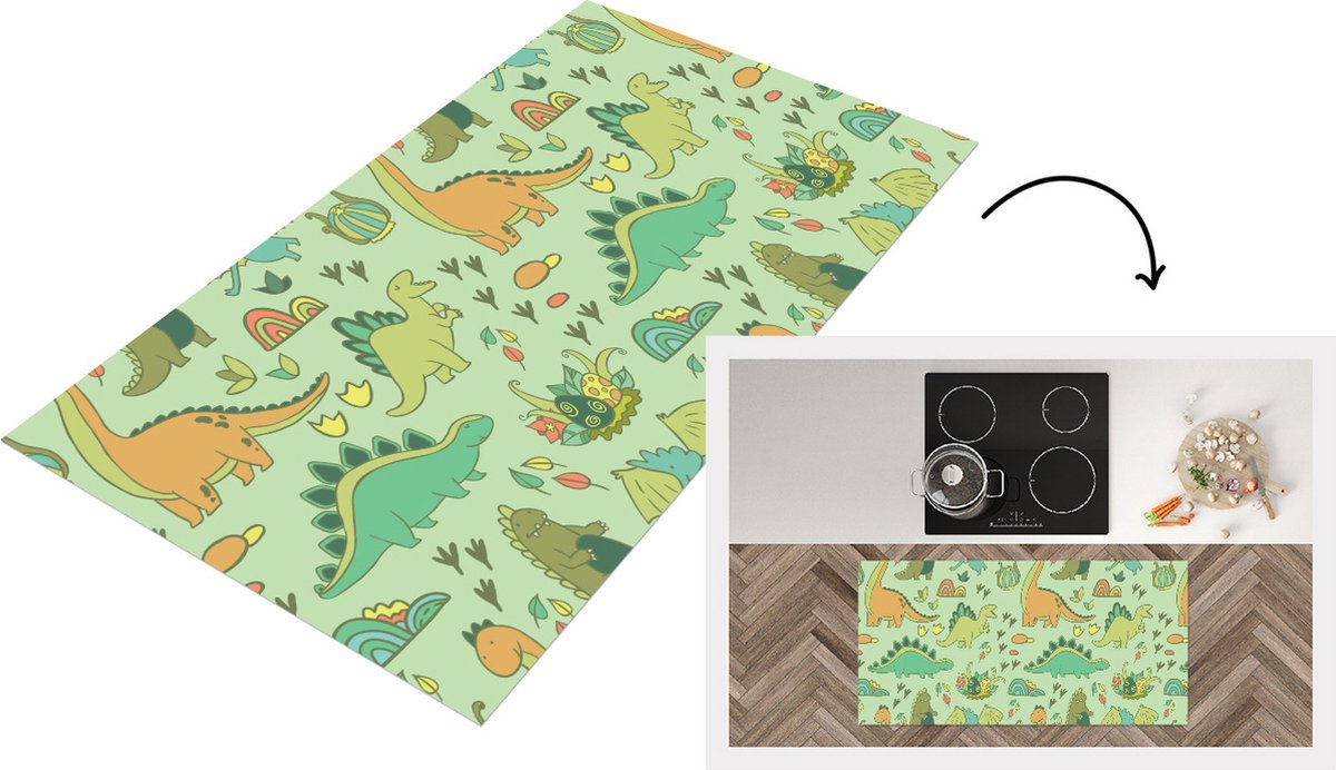KitchenYeah Keukenloper - Loper keuken - Patronen - Dino - Groen - 120x60 cm - Keukenloper vinyl Multicolor