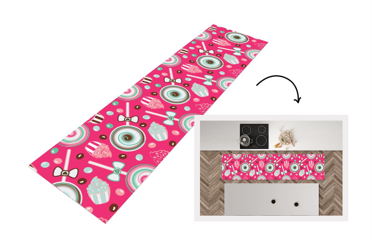 KitchenYeah Keukenloper - Loper keuken - Design - Snoep - Candy - Roze - 240x60 cm - Keukenloper vinyl Multicolor