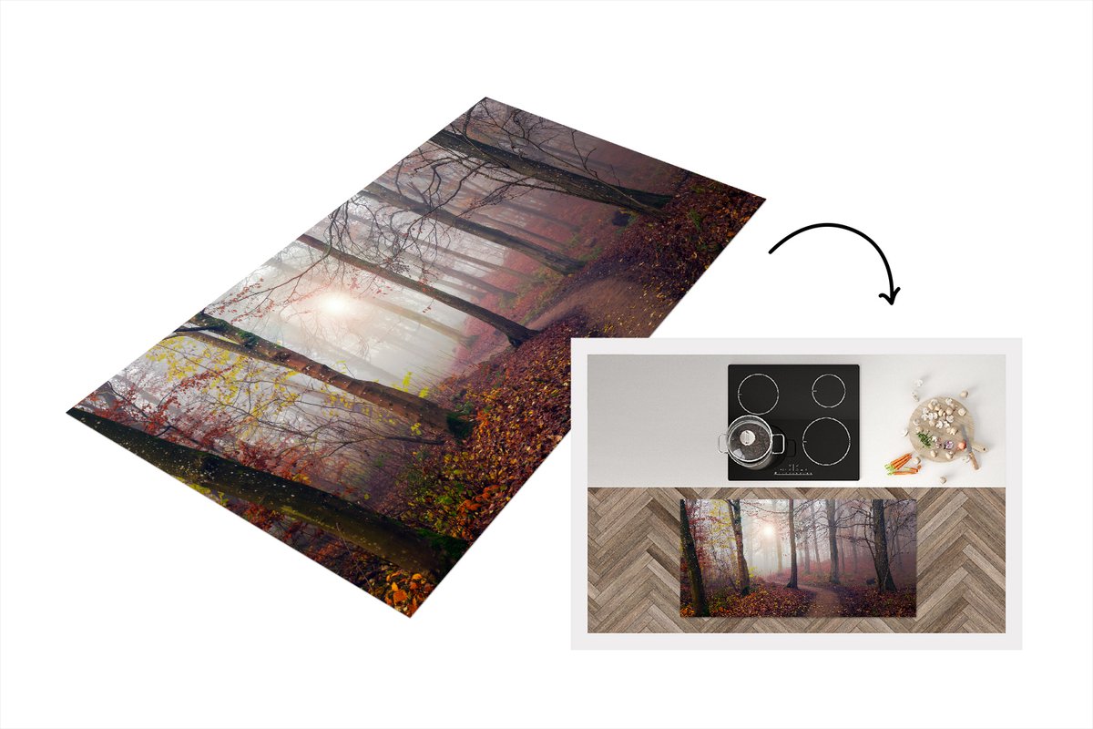 KitchenYeah Keukenloper - Loper keuken - Bos pad- Herfst - Mist - Bomen - Bladeren - 120x60 cm - Keukenloper vinyl Multicolor