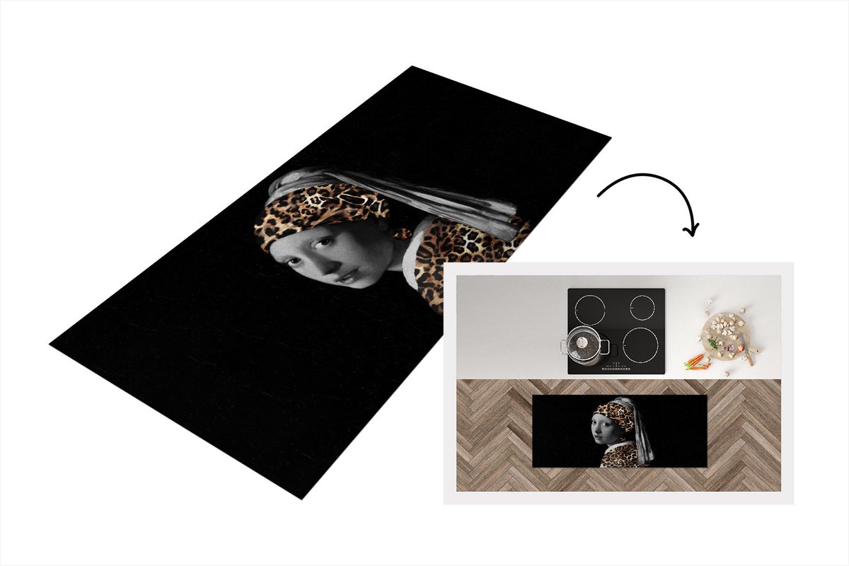 KitchenYeah Keukenloper - Loper keuken - Johannes Vermeer - Panterprint - Meisje met de parel - 120x50 cm - Keukenloper vinyl Multicolor