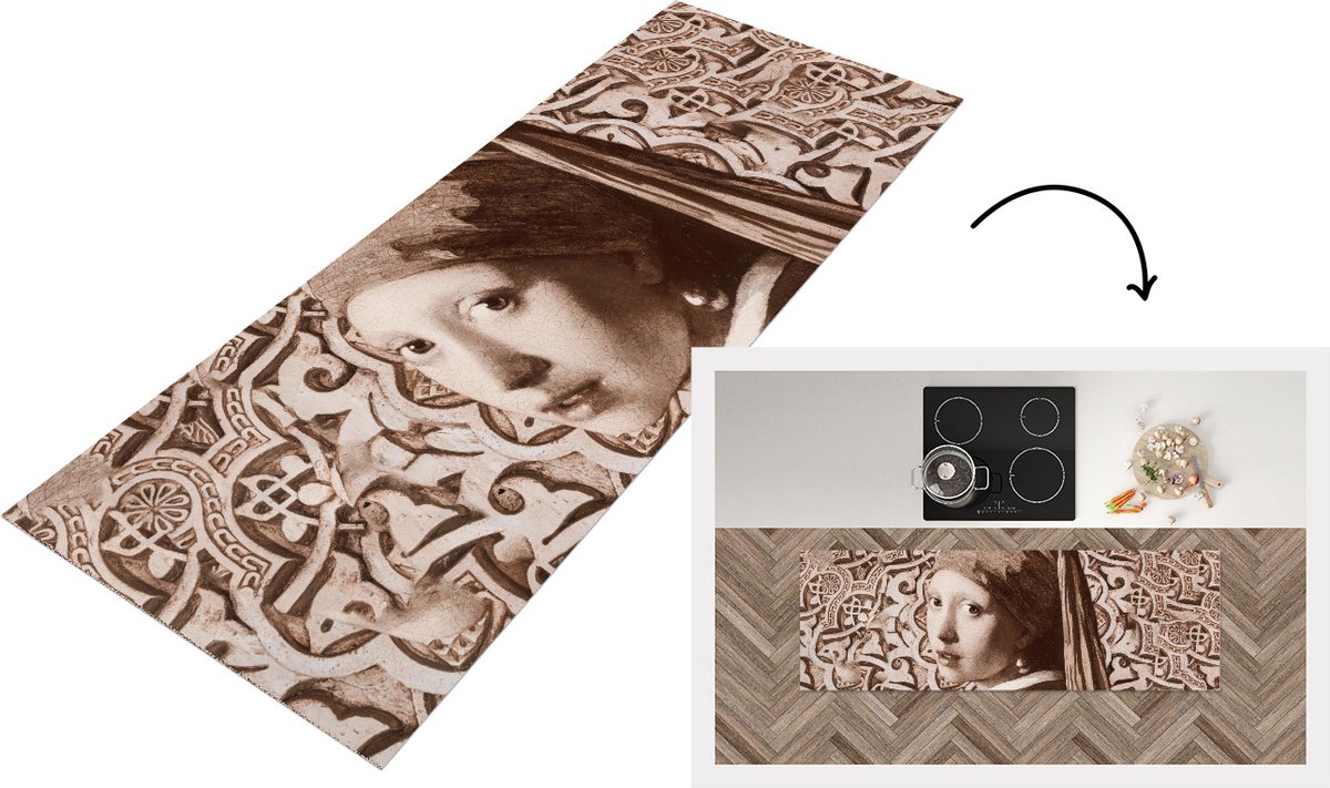KitchenYeah Keukenloper - Loper keuken - Meisje met de parel - Bruin - Vermeer - 180x60 cm - Keukenloper vinyl Multicolor