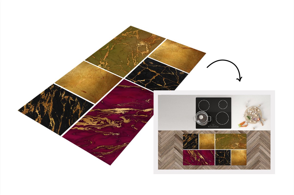 KitchenYeah Keukenloper - Loper keuken - Marmer - Goud - Chic - 120x60 cm - Keukenloper vinyl Multicolor