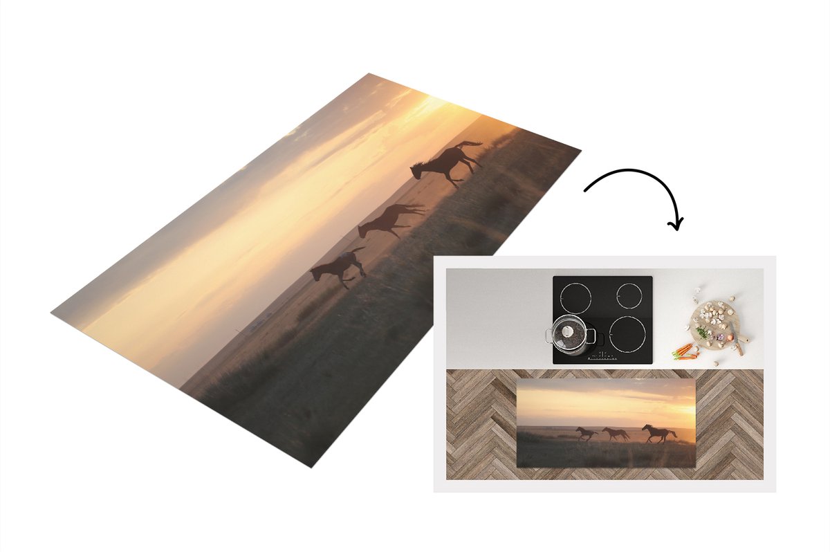 KitchenYeah Keukenloper - Loper keuken - Wilde paarden rennen in een grasveld - 120x60 cm - Keukenloper vinyl Multicolor