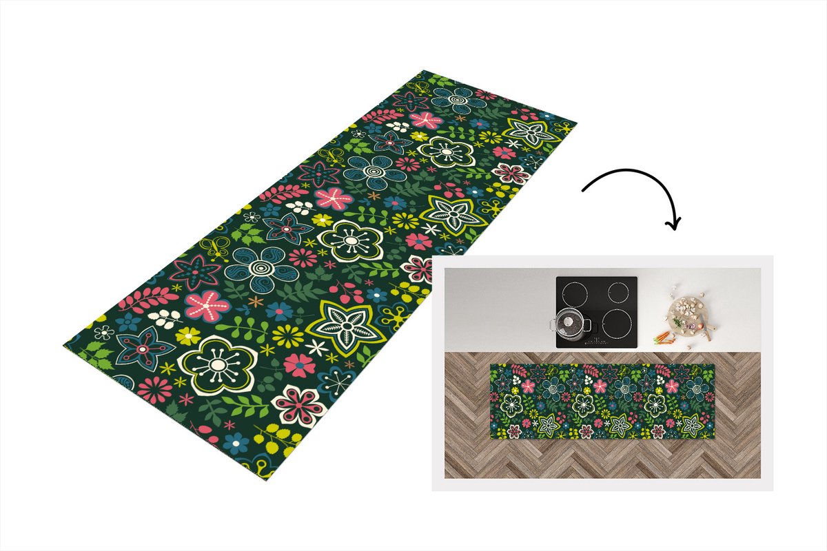 KitchenYeah Keukenloper - Loper keuken - Bladeren - Patronen - Bloemen - 150x50 cm - Keukenloper vinyl Multicolor