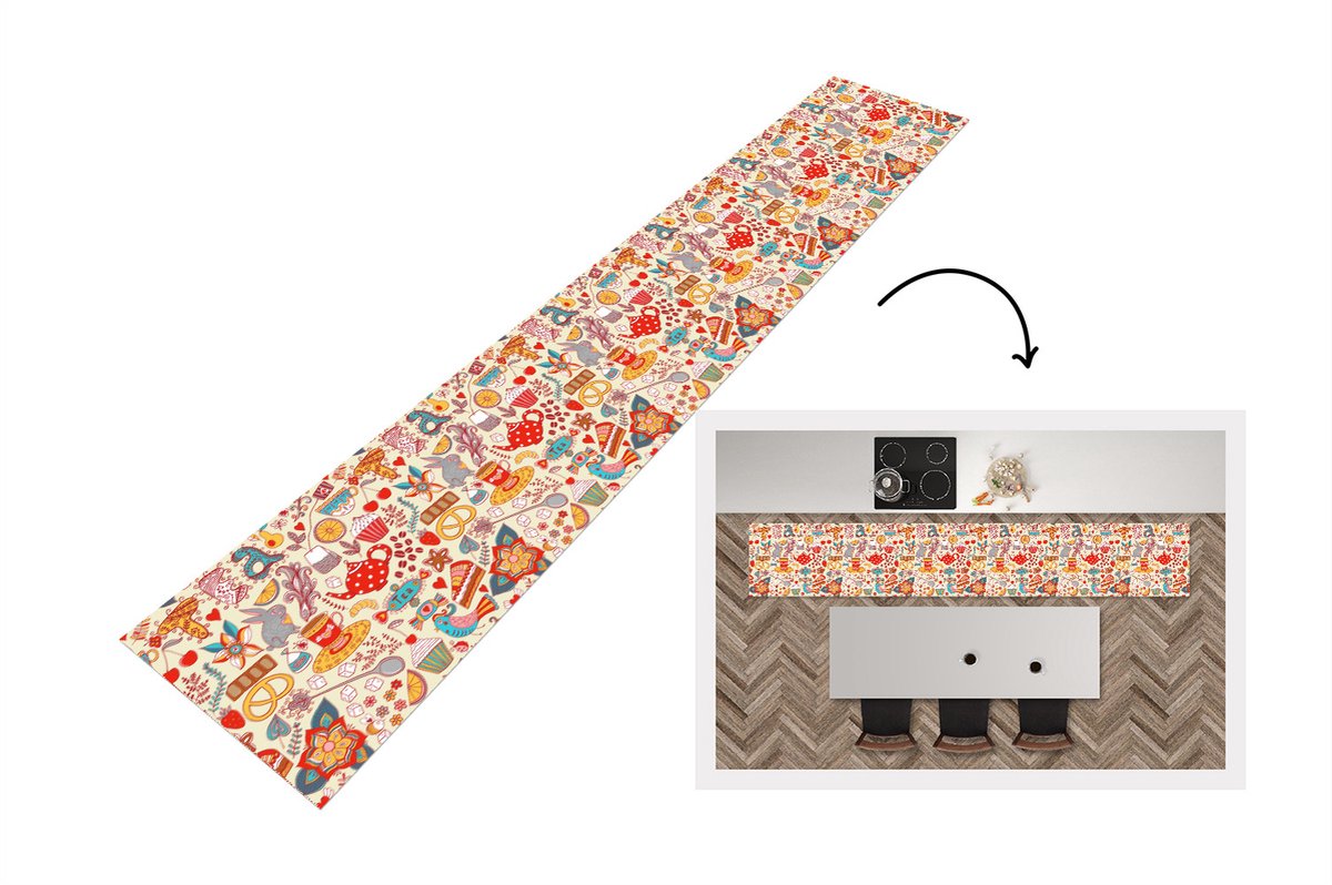 Keukenloper - Loper keuken - Thee - Dieren - Snoepgoed - Regenboog - Patronen - 300x50 cm