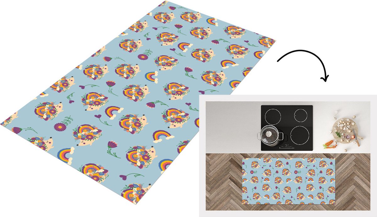 KitchenYeah Keukenloper - Loper keuken - Egel - Regenboog - Bloemen - Patroon - Kinderen - 120x60 cm - Keukenloper vinyl Multicolor