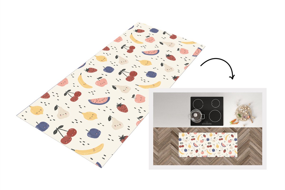 KitchenYeah Keukenloper - Loper keuken - Design - Fruit - Kawaii - Patronen - 120x50 cm - Keukenloper vinyl Multicolor