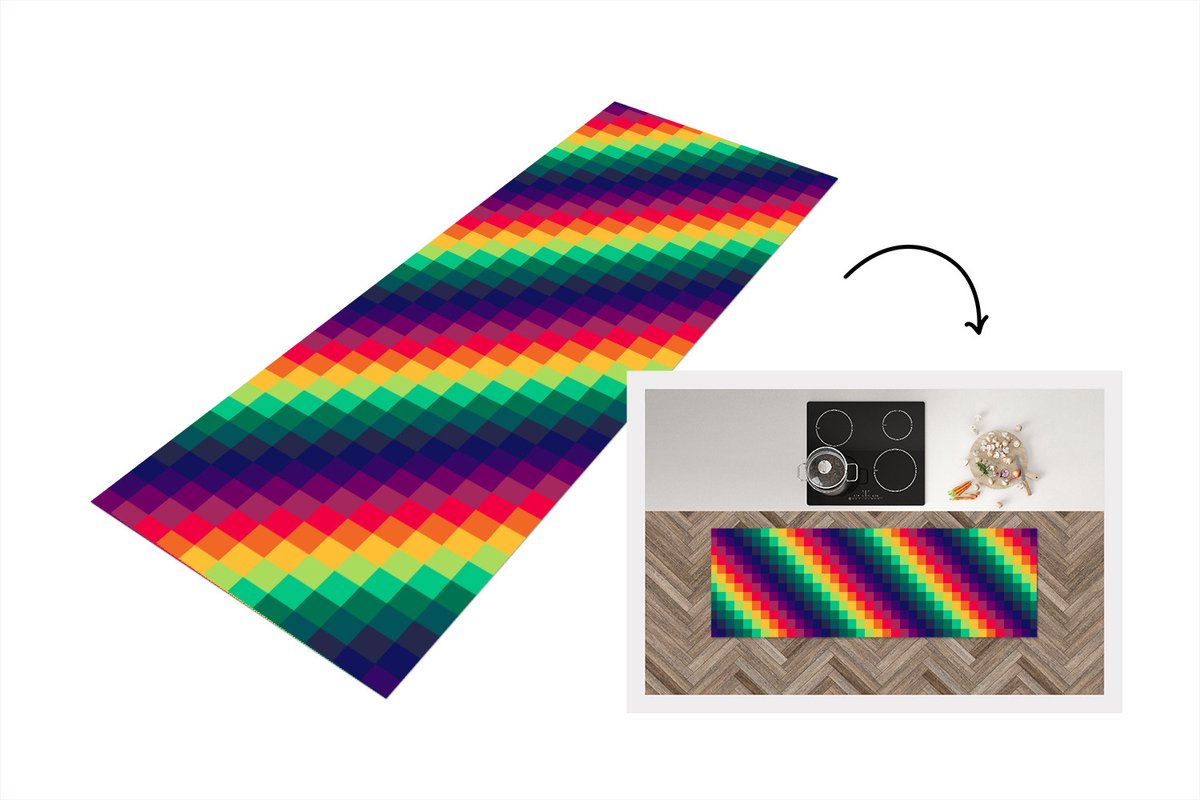 KitchenYeah Keukenloper - Loper keuken - Regenboog - Patronen - Pixel - 150x50 cm - Keukenloper vinyl Multicolor