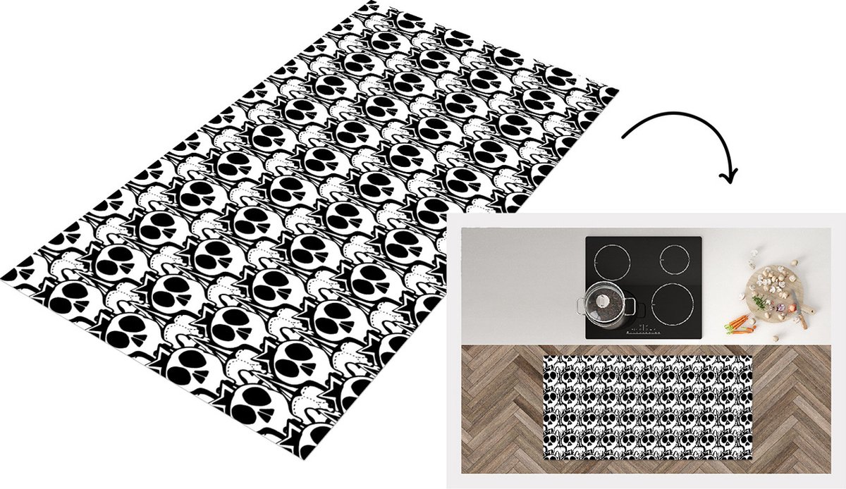 KitchenYeah Keukenloper - Loper keuken - Tiener - Skull - Zwart - Patronen - 120x60 cm - Keukenloper vinyl Multicolor