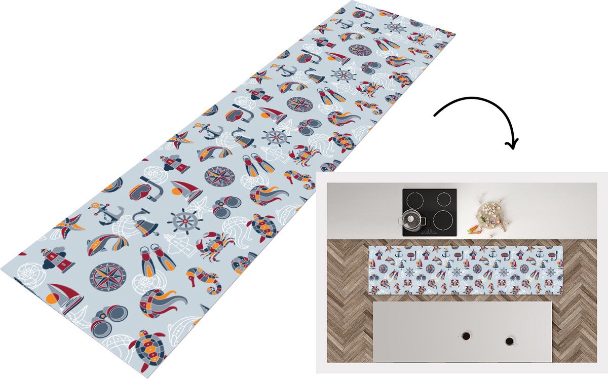 KitchenYeah Keukenloper - Loper keuken - Zee - Dieren - Patronen - Kinderen - Marine - 240x60 cm - Keukenloper vinyl Multicolor