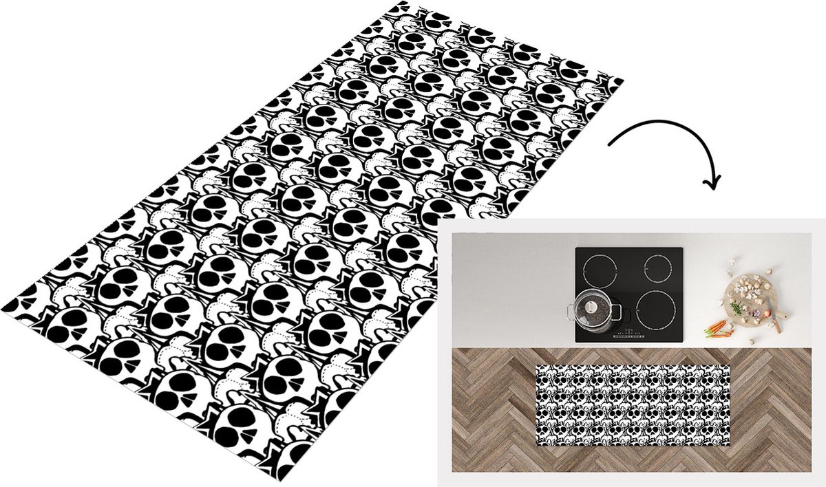 KitchenYeah Keukenloper - Loper keuken - Tiener - Skull - Zwart - Patronen - 120x50 cm - Keukenloper vinyl Multicolor