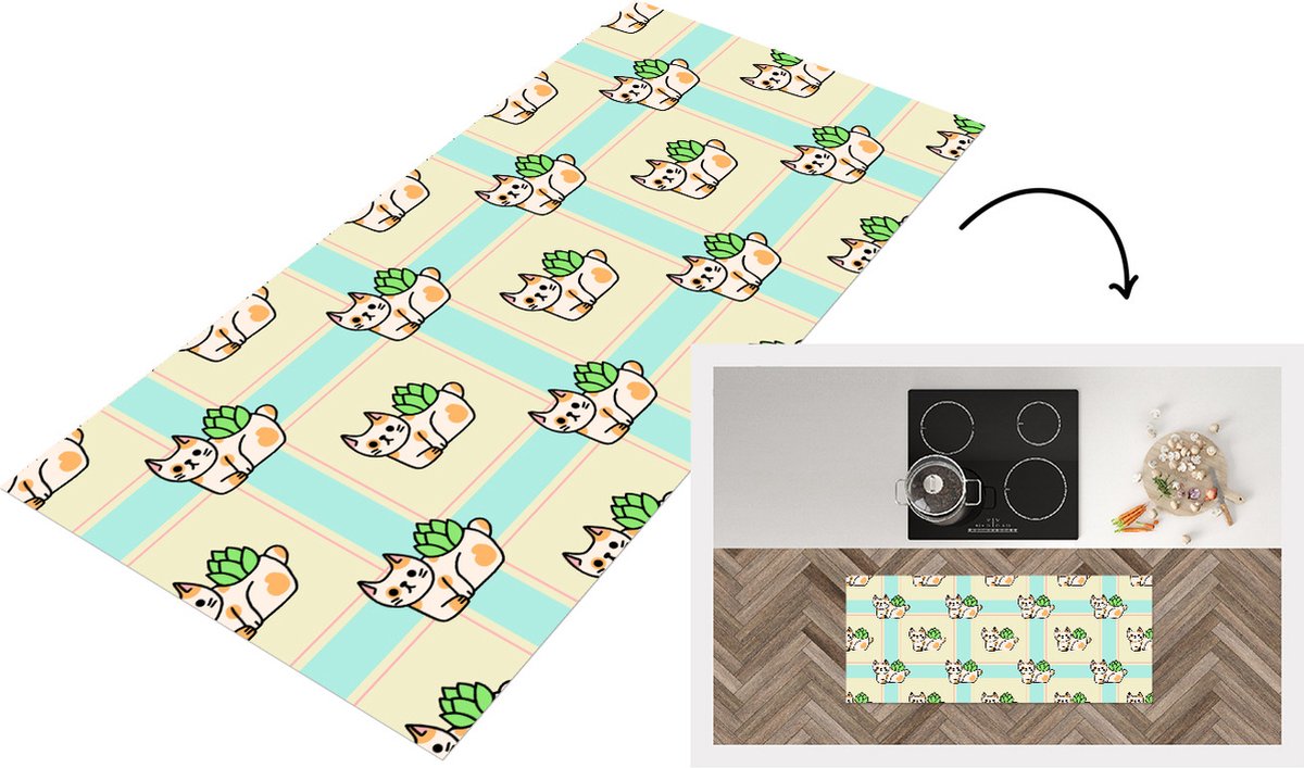 KitchenYeah Keukenloper - Loper keuken - Katten - Planten - Pastel - Kind - Patroon - 120x50 cm - Keukenloper vinyl Multicolor
