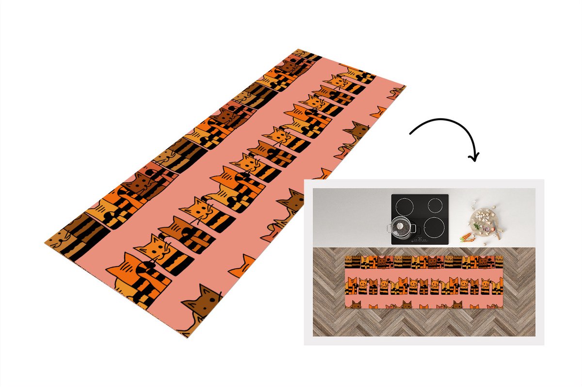 KitchenYeah Keukenloper - Loper keuken - Katten - Patronen - Dieren - Kinderen - 180x60 cm - Keukenloper vinyl Multicolor