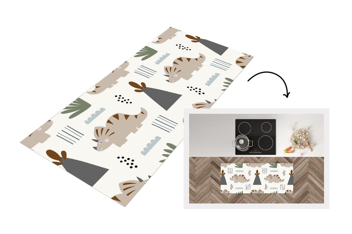 KitchenYeah Keukenloper - Loper keuken - Jongens - Kinderen - Patroon - Dinosaurus - 120x50 cm - Keukenloper vinyl Multicolor