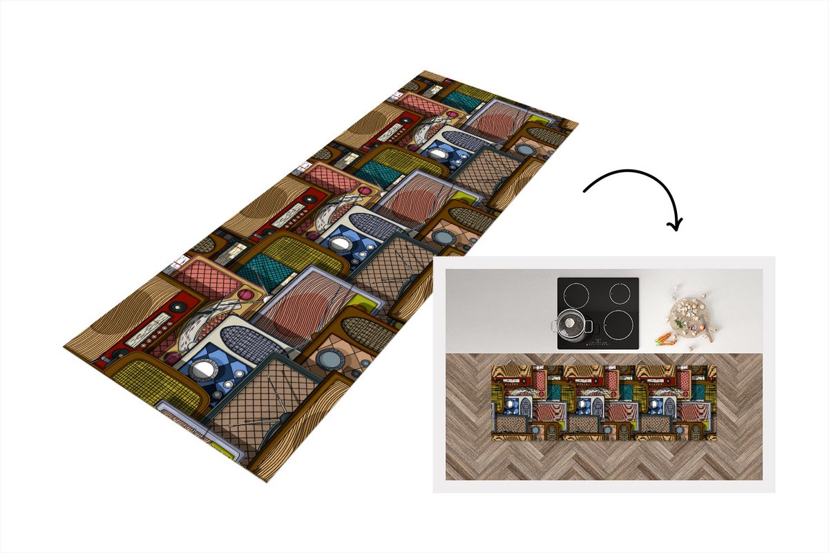 KitchenYeah Keukenloper - Loper keuken - Tieners - Radio - Patronen - Retro - 180x60 cm - Keukenloper vinyl Multicolor