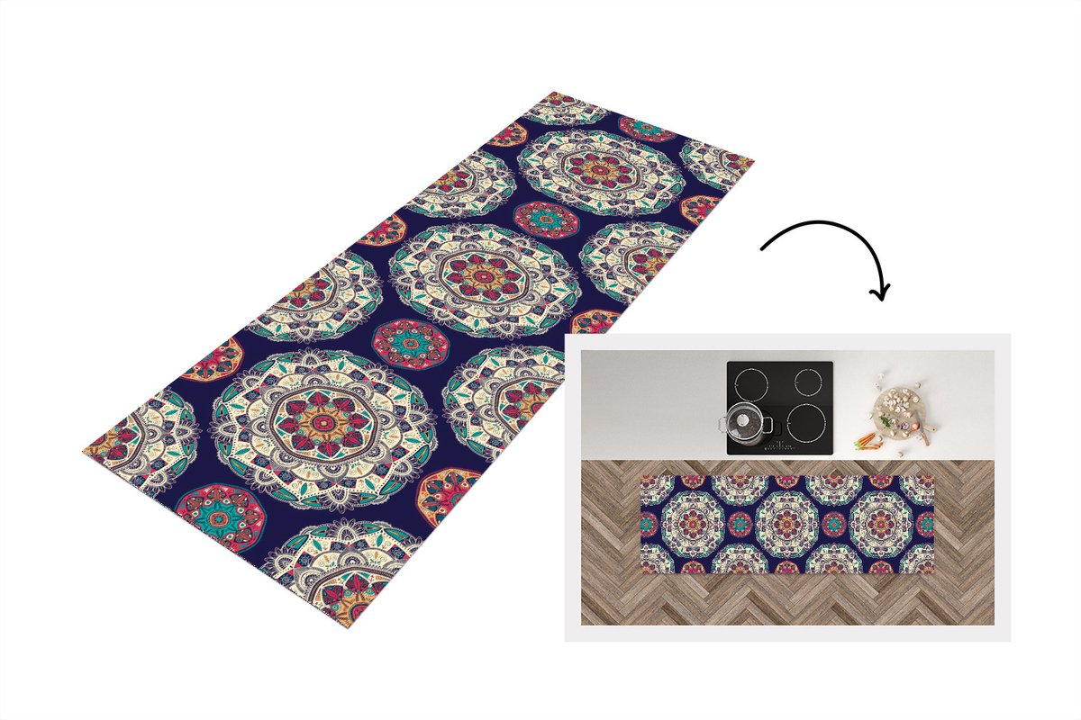 KitchenYeah Keukenloper - Loper keuken - Bohemian - Mandala - Patronen - 150x50 cm - Keukenloper vinyl Multicolor