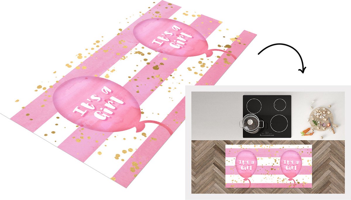 KitchenYeah Keukenloper - Loper keuken - Ballon - Gender reveal - Goud - Roze - It's a Girl - Meisje - Tekst - SPreuke - 120x60 cm - Keukenloper vinyl Multicolor