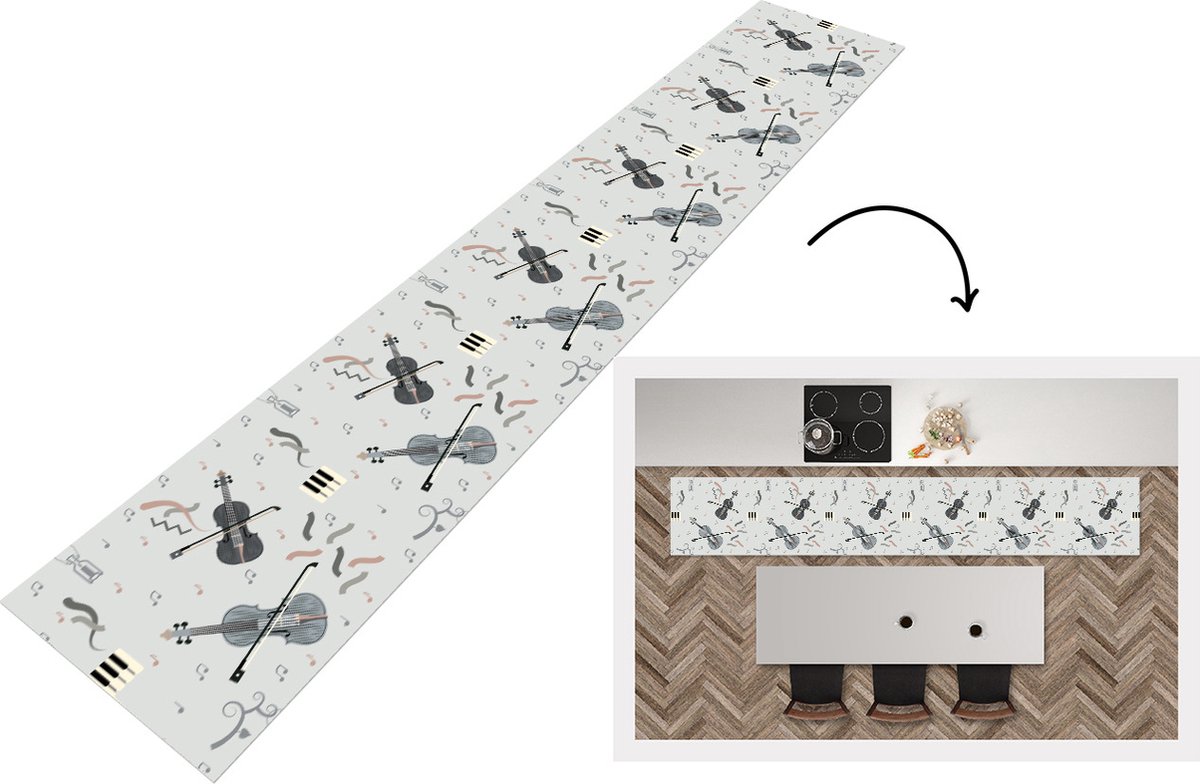 KitchenYeah Keukenloper - Loper keuken - Patroon - Muziek - Viool - 300x50 cm - Keukenloper vinyl Multicolor