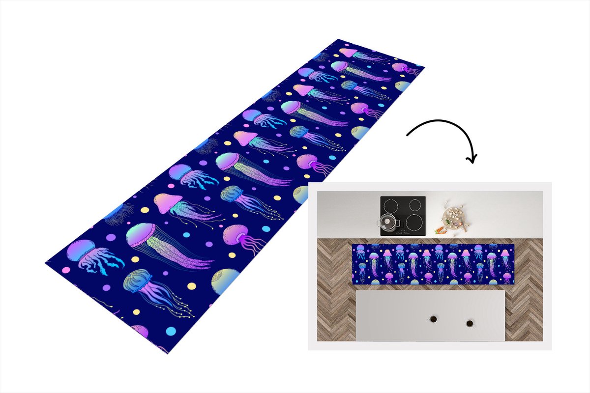 KitchenYeah Keukenloper - Loper keuken - Kwallen - Patronen - Zeedieren - Neon - 240x60 cm - Keukenloper vinyl Multicolor