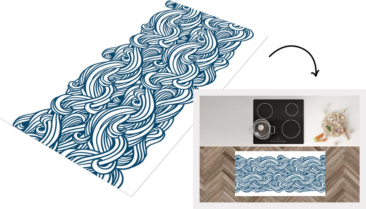 KitchenYeah Keukenloper - Loper keuken - Patroon - Golven - Zee - 120x60 cm - Keukenloper vinyl Multicolor