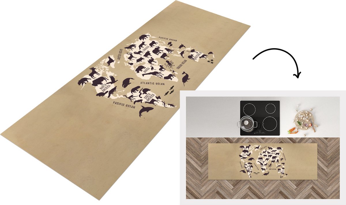 KitchenYeah Keukenloper - Loper keuken - Wereldkaart - Dieren - Zwart - 150x50 cm - Keukenloper vinyl Multicolor