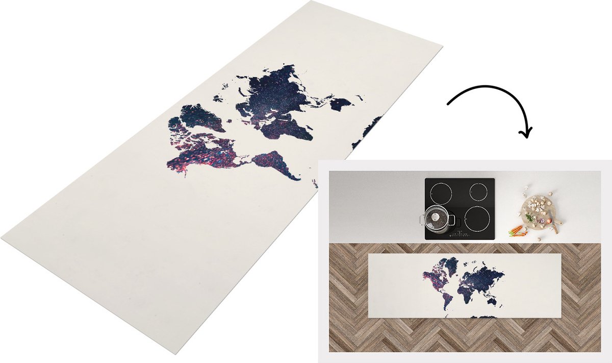 KitchenYeah Keukenloper - Loper keuken - Wereldkaart - Sterrenhemel - Ruimte - 180x60 cm - Keukenloper vinyl Multicolor