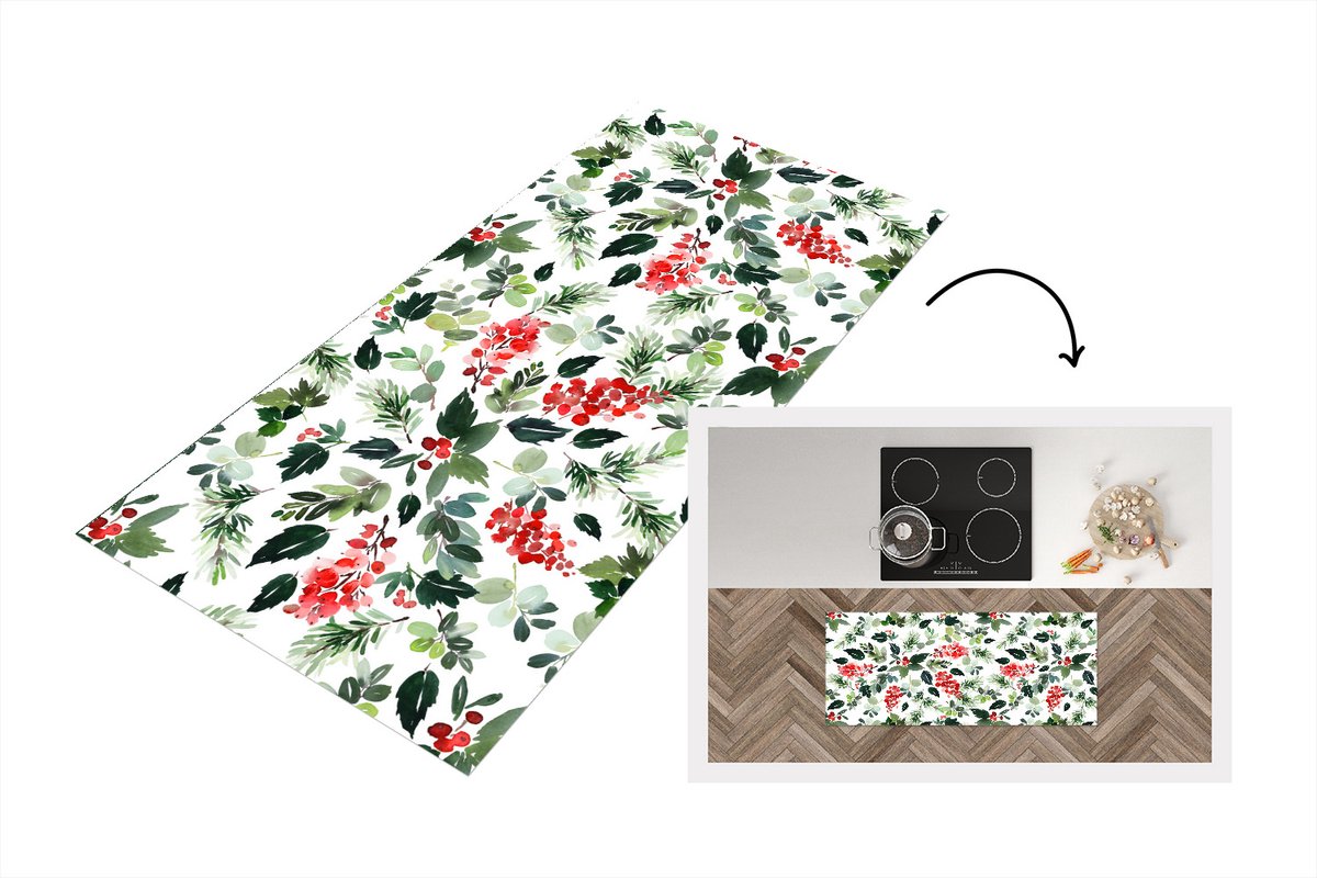 KitchenYeah Keukenloper - Loper keuken - Kerst - Waterverf - Maretak - Keukenloper vinyl Multicolor