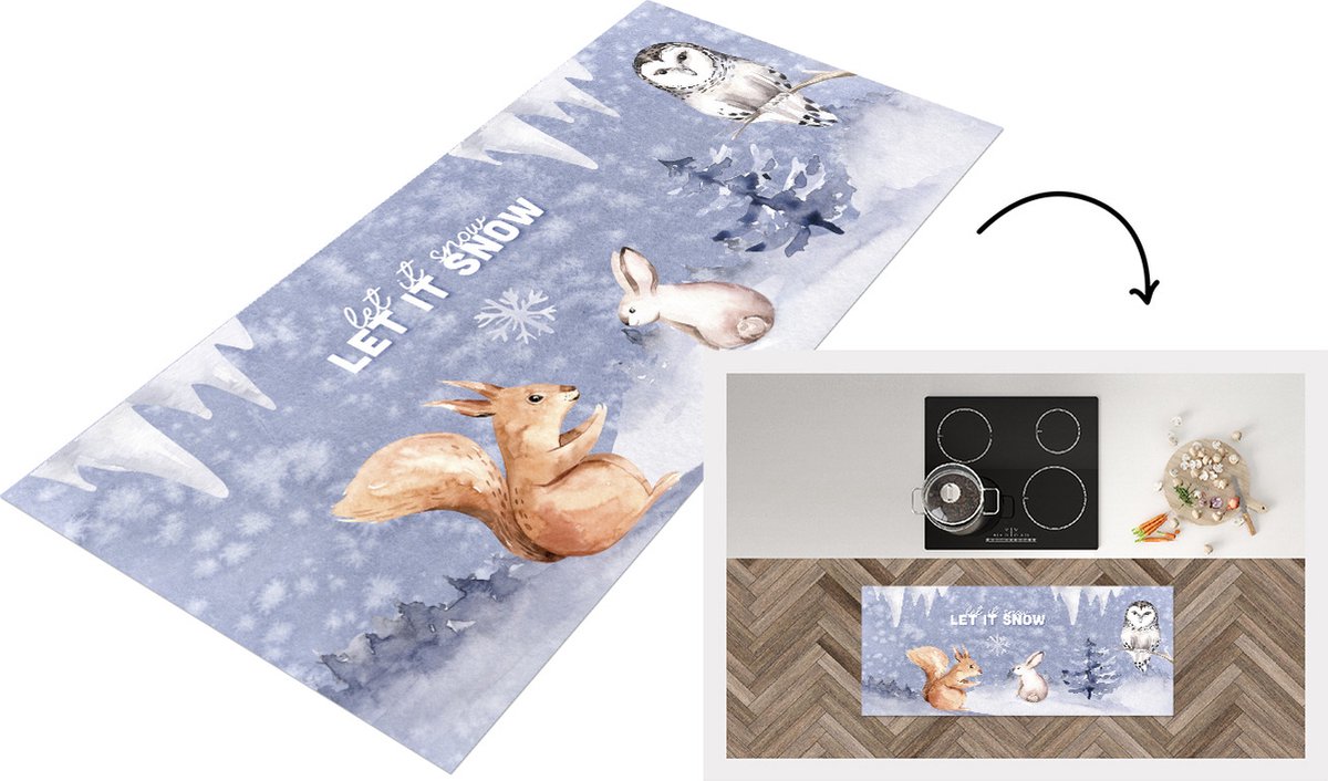 KitchenYeah Keukenloper - Loper keuken - Winter - Sneeuw - Dieren - 120x50 cm - Keukenloper vinyl Multicolor